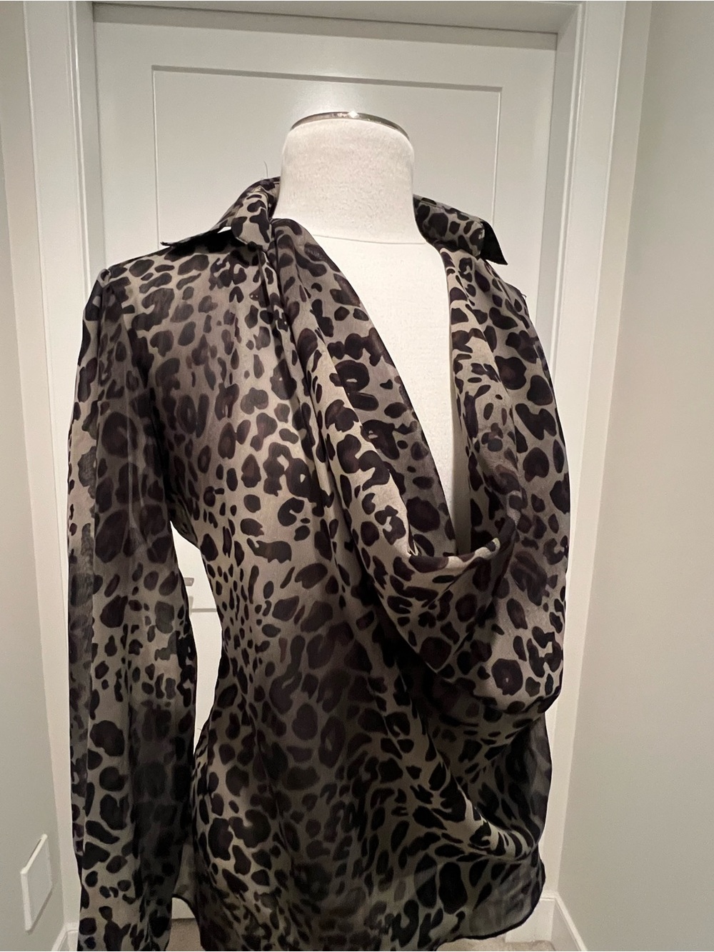 Sheer Leopard Print Draped Blouse - Black & Gray